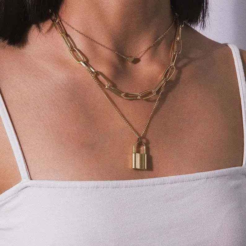 

Women Initial Layered Gold Filled Heart Lock Pendant Necklace Choker