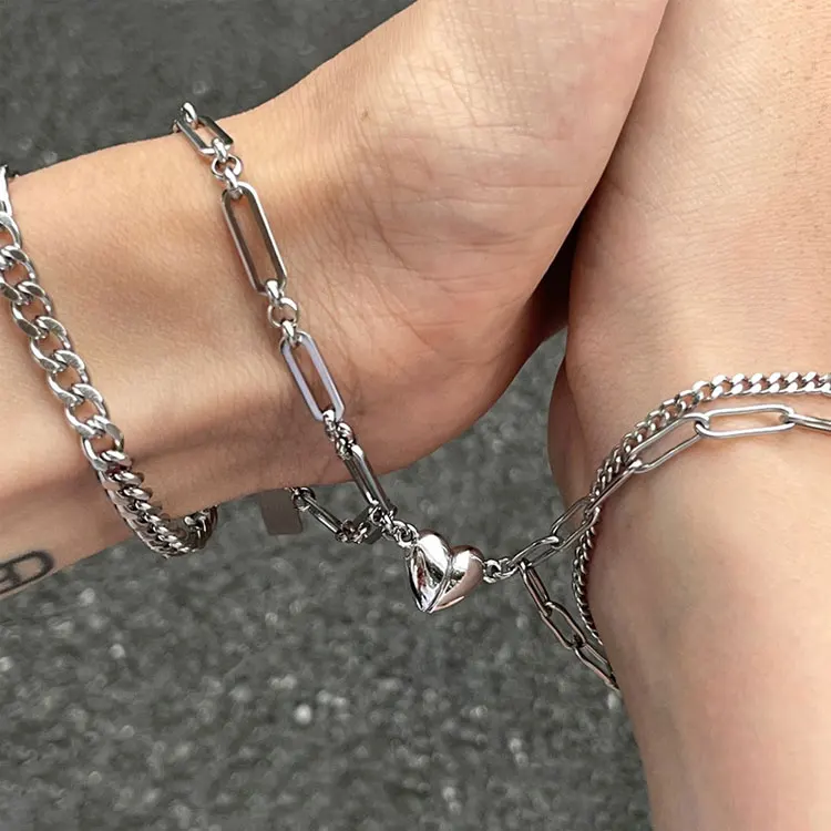 

SC Tiktok Double Layer Bracelet Friendship Jewelry Personalized Stainless Steel Magnetic Heart Charm Couple Bracelet Women Men, Silver