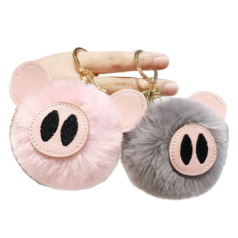 

Free shipping Creative DIY cute pig imitation Rex rabbit fur ball key chain pendant PU leather cartoon lady bag accessories