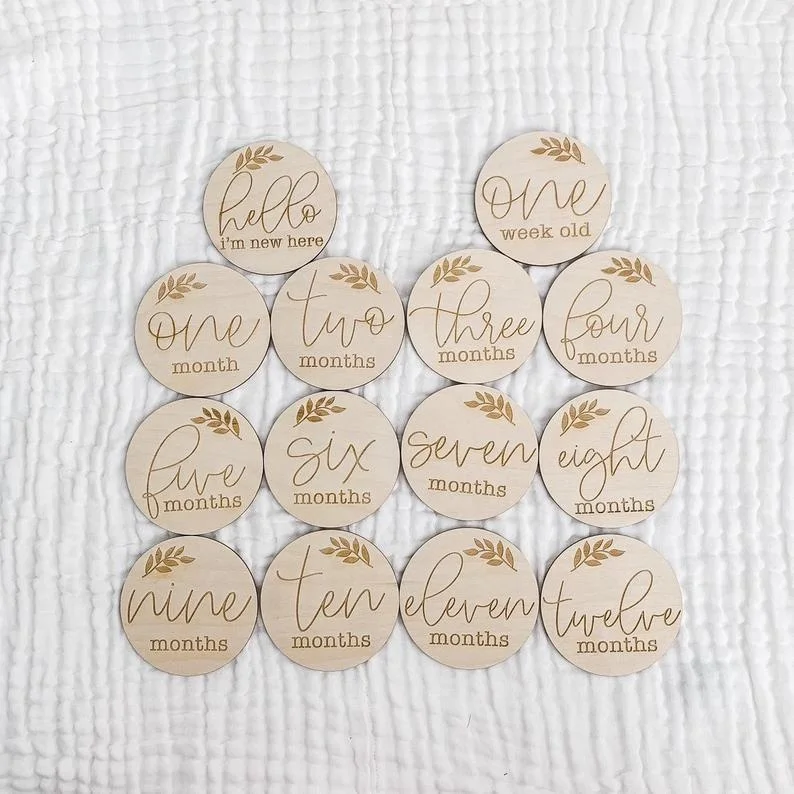 wood engraved newborn photo props baby age  monthly milestone cards
