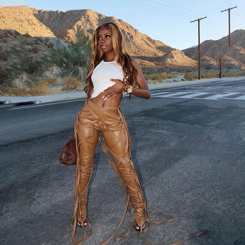 

S7134 - women fashion strap skinny pencil faux PU leather pants