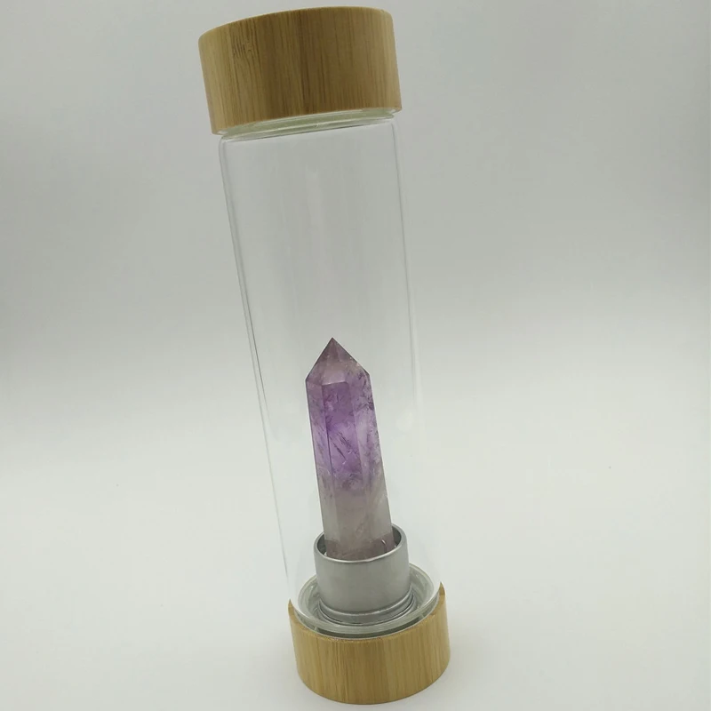 

Promotional Bottle Custom Logo Printed Bamboo Lid Botella De Vidrio Cuarzo Crystal Glass Water Bottles For Water With Crystals