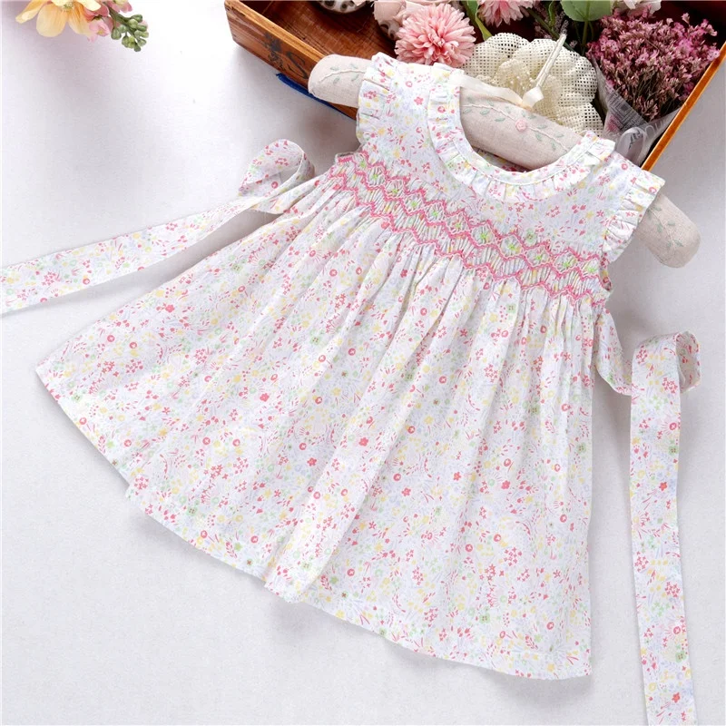 

kids smocked dresses ruffles sleeveless baby clothing girls dress pink blue summer beautiful children clothes wholesale HBE530