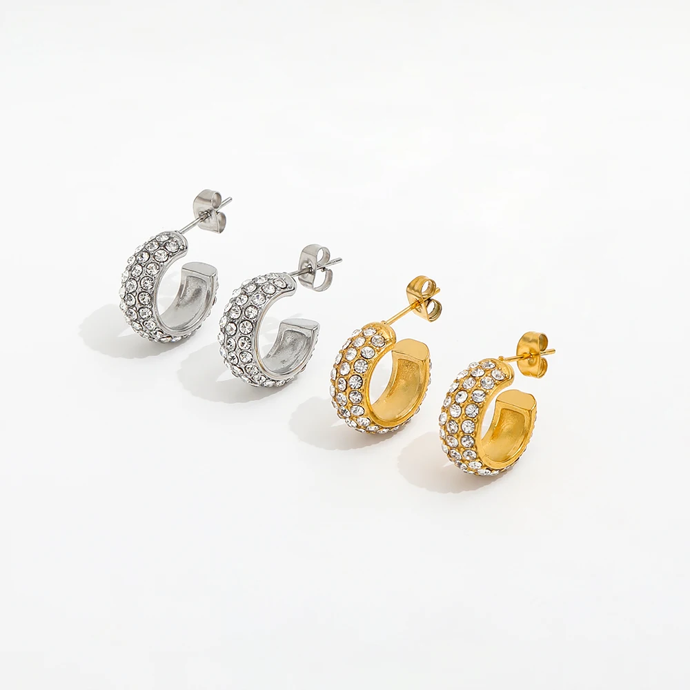 

JOOLIM High End Luxury Waterproof 18K Gold Plated Classic Micro Stone cz Pave Fine Stainless Steel Hoop Earring Jewelry Women