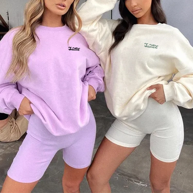 

Ladies Embroidery Two Piece Crewneck Sweatshirt and Shorts Set Casual Shorts and Hoodie jogger Set For Women