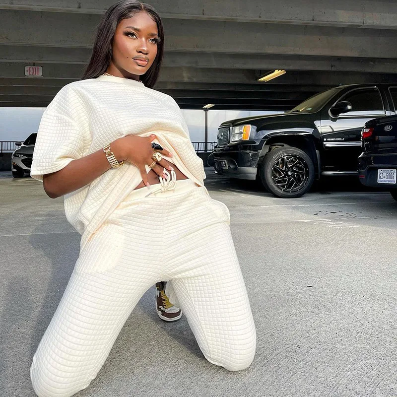 

New 2021 solid color round neck pullover women pants sporting casual two piece set