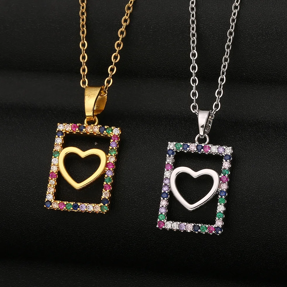 

2021 Luxury Chain Square colorful Heart Necklace Fashion Collarbone Chain Accessories Pendant, Picture