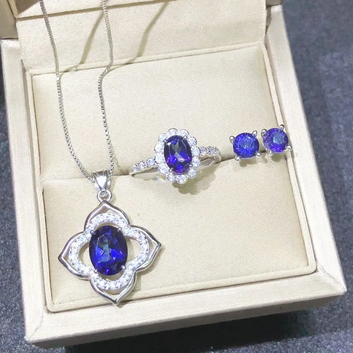 

925 Sterling Silver Tanzanite Natural Topaz Gemstone Ring Earring Pendant Necklace Jewelry Sets Engagement Wedding Jewelry