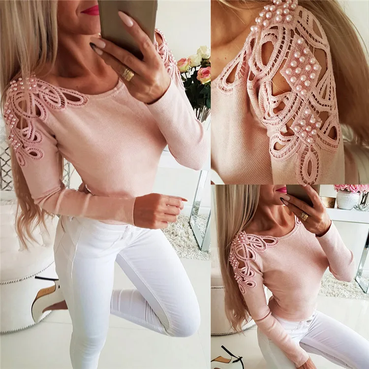 

2021 Fall new long sleeve T-shirt sexy hollow out slim shoulder patchwork women's top knitted pullover, As picture