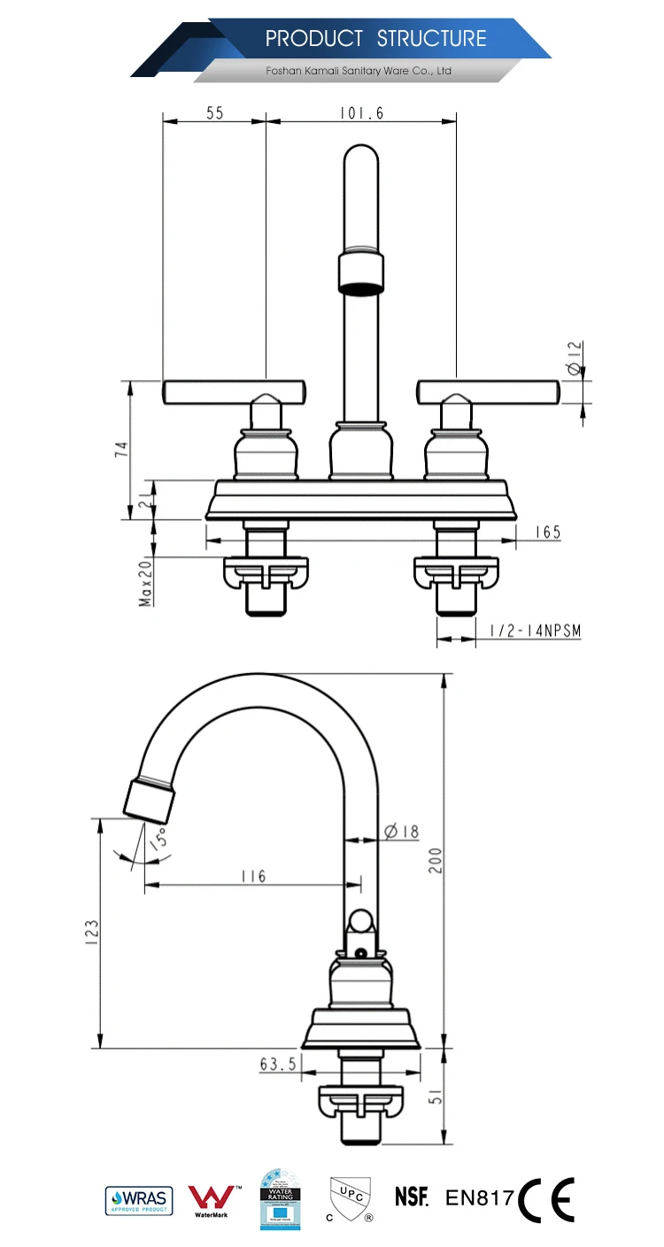 Kamali sanitary american standard cupc commercial classical design dual handle 2 hole way 4" minispread bathroom lavatory faucet