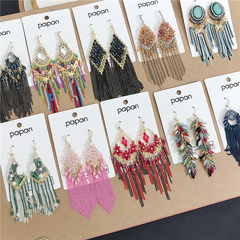 

PUSHI fashion earring designs new geometric Handmade crystal ethnic bohemian mix tassel long earring women