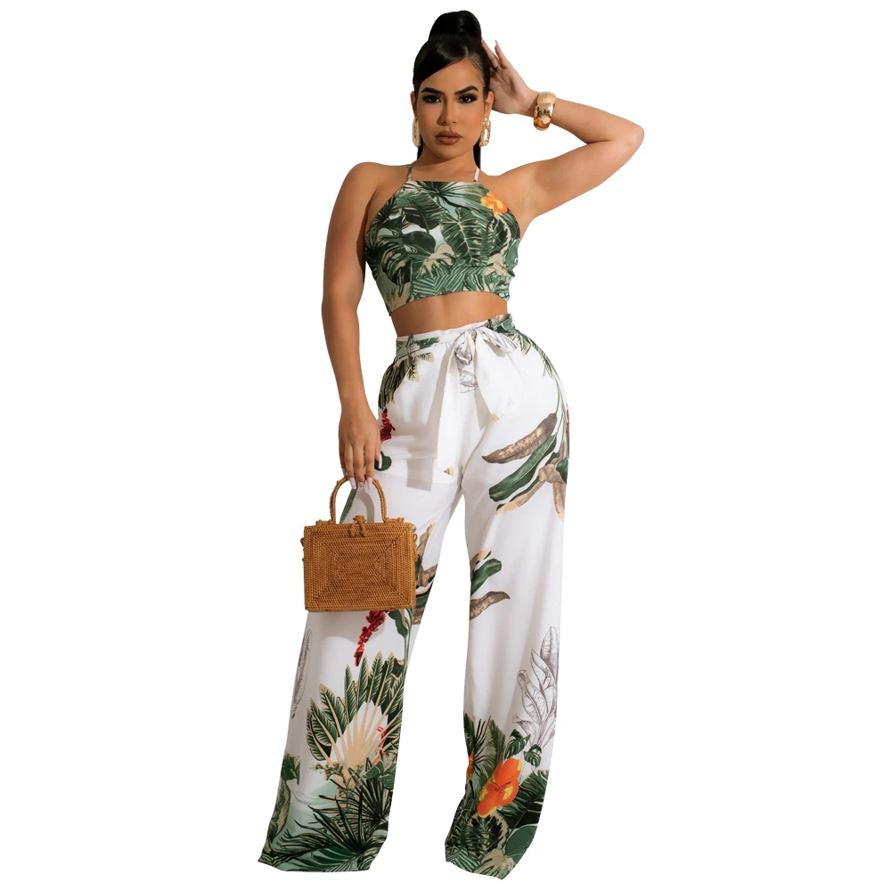 

Wide Leg Kadin Setleri Lace-up Crop top New Elegant Lady 2 Piece Set Women Sets Clothing Two Piece Pants Set, Customized color