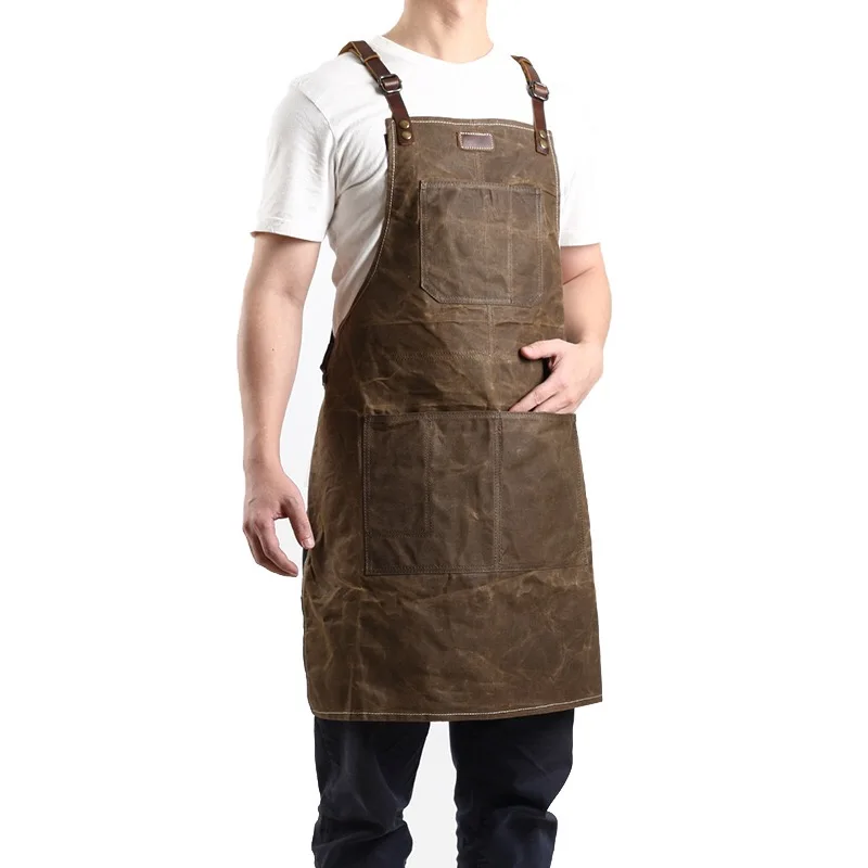 

Custom Multifunction Leather Straps Waterproof Barber Canvas Bbq Grill Coffee Barber Work Tool Apron With Pocket