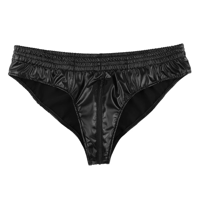 

iEFiEL Mens Wet Look Faux Leather Sexy Underwear High Cut Zipper Crotch Black Bikini Briefs