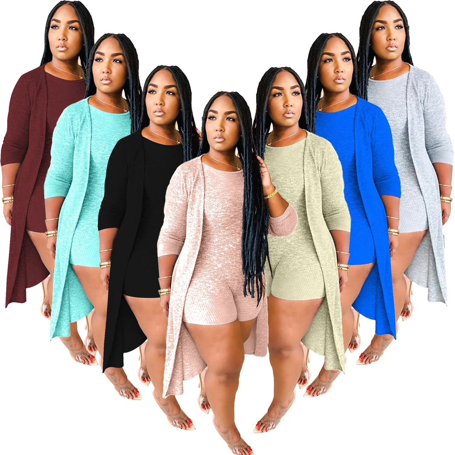 

2021 New Arrivals Plain Ribbed Causal T-shirt Jumpsuit&Long Sleeves Coat Two Piece Set Plus Size Women Clothing 3xl 4xl 5xl, 7 different color