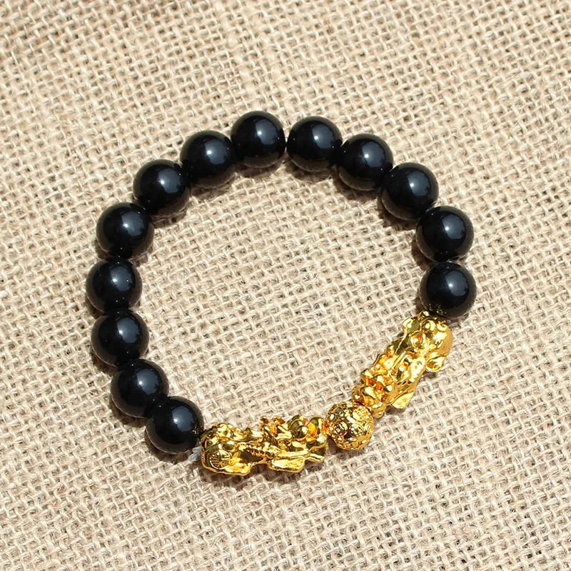 

Buddha Six Words Bracelets For Men Natural Black Obsidian Bracelet Gold Pixiu Bracelet Fengshui Bangle Women Jewelry, Gold, silver