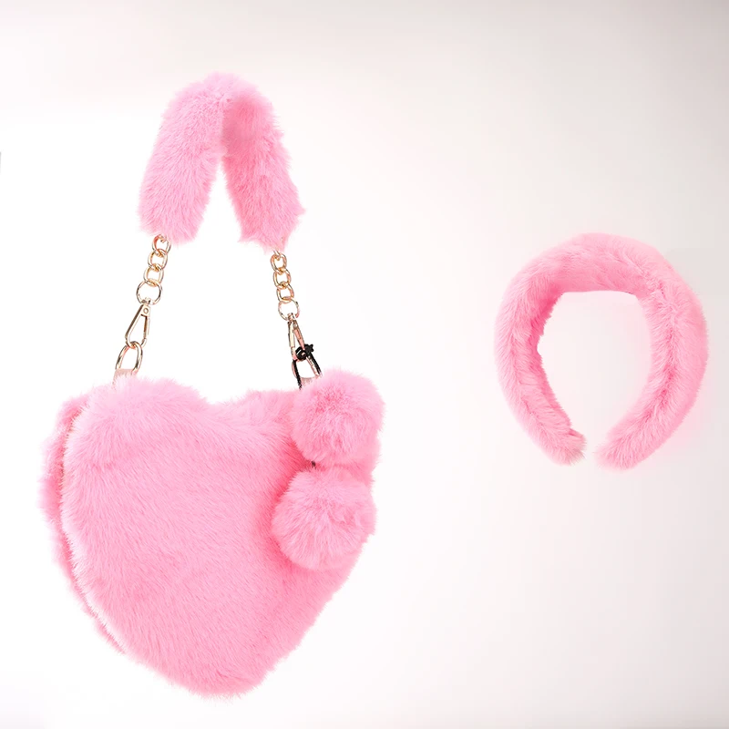 

fur headband and purse set vendor fashion purse bags 2022 designer Lady Heart Shaped faux fur handbags women fur purse