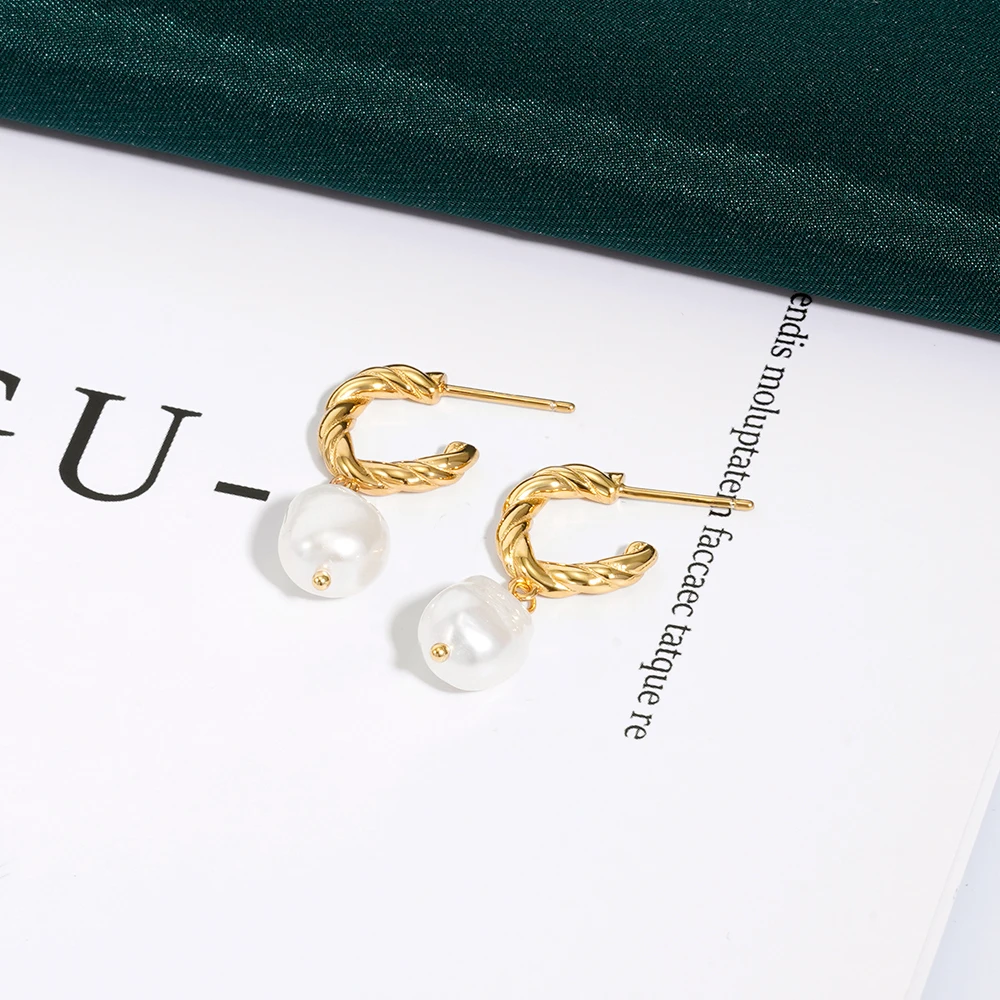 

New Fashion 18k Gold Plated Drop Earing Jewelry 925 Sterling Silver Irregular Freshwater Baroque Pearls Hoop Earrings For Women