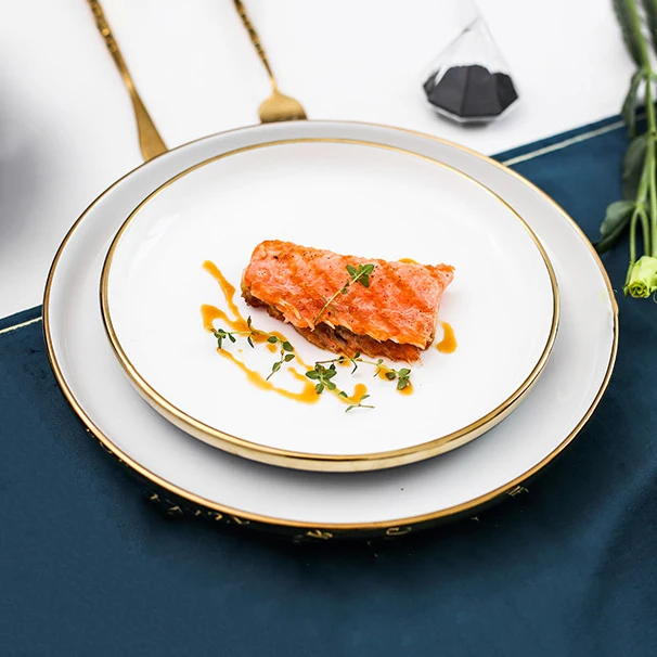 

Dark Green Tableware Restaurant Steak Fruit Plate Luxury Ceramic Dinner Plate Sets With Gold Rim, Customized color
