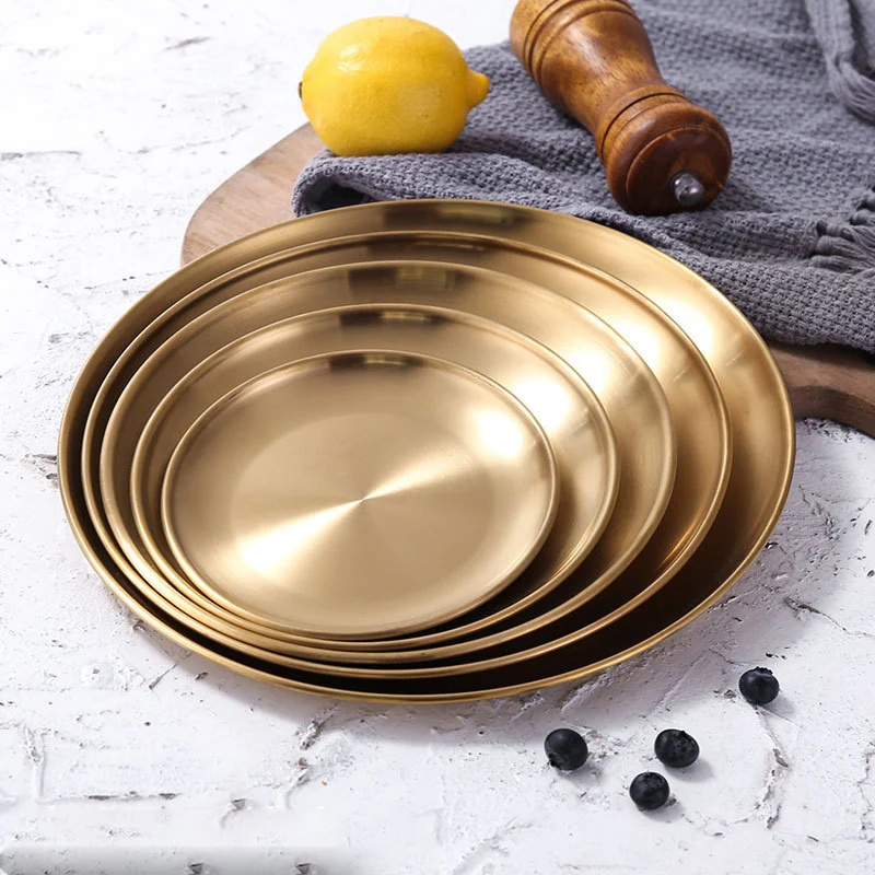 

European Style Dinner Plates Gold Cake Tray Western Steak Round Tray Kitchen Plates, As photo