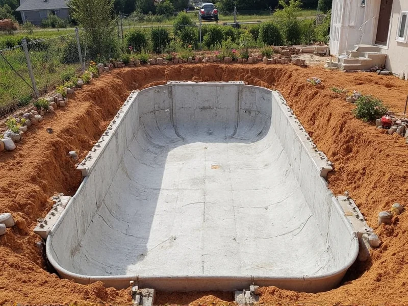 DIY in-ground pool excavation site with safety barriers