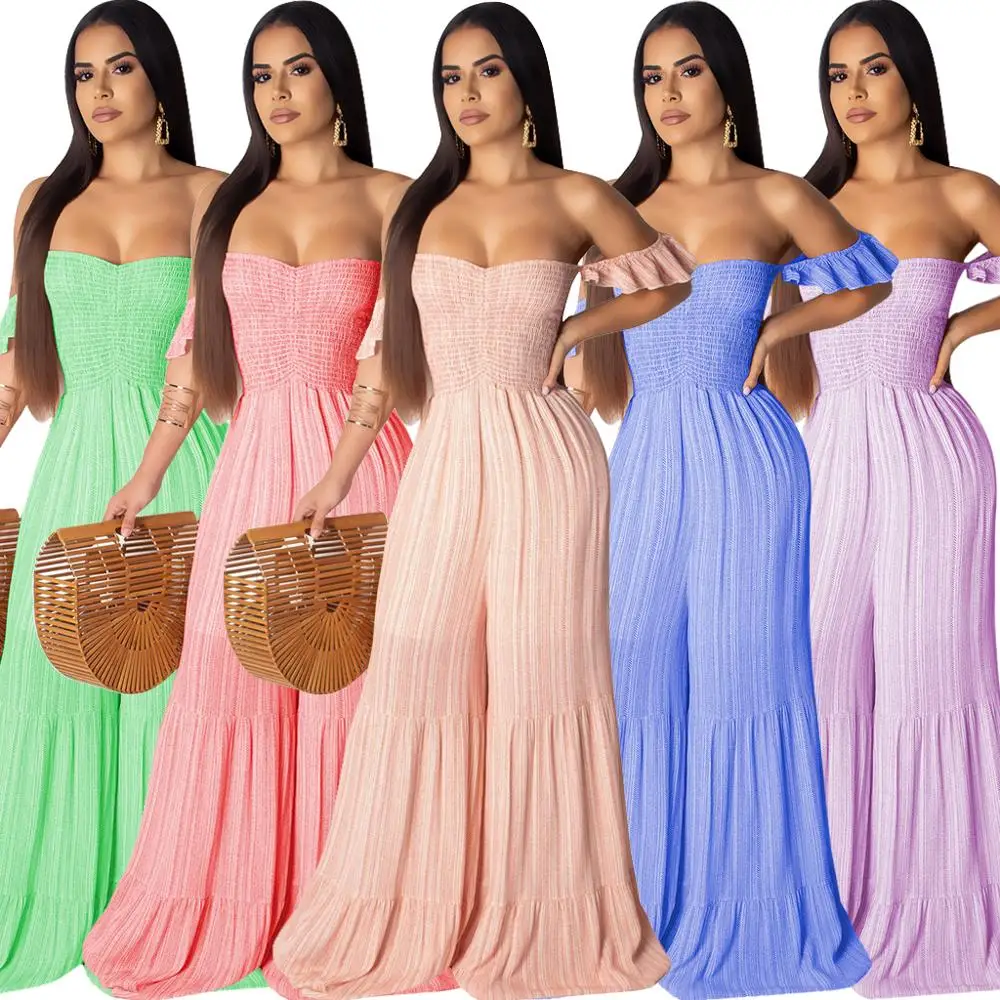 

women trendy off shoulder ruffles wide leg jumpsuit L2216