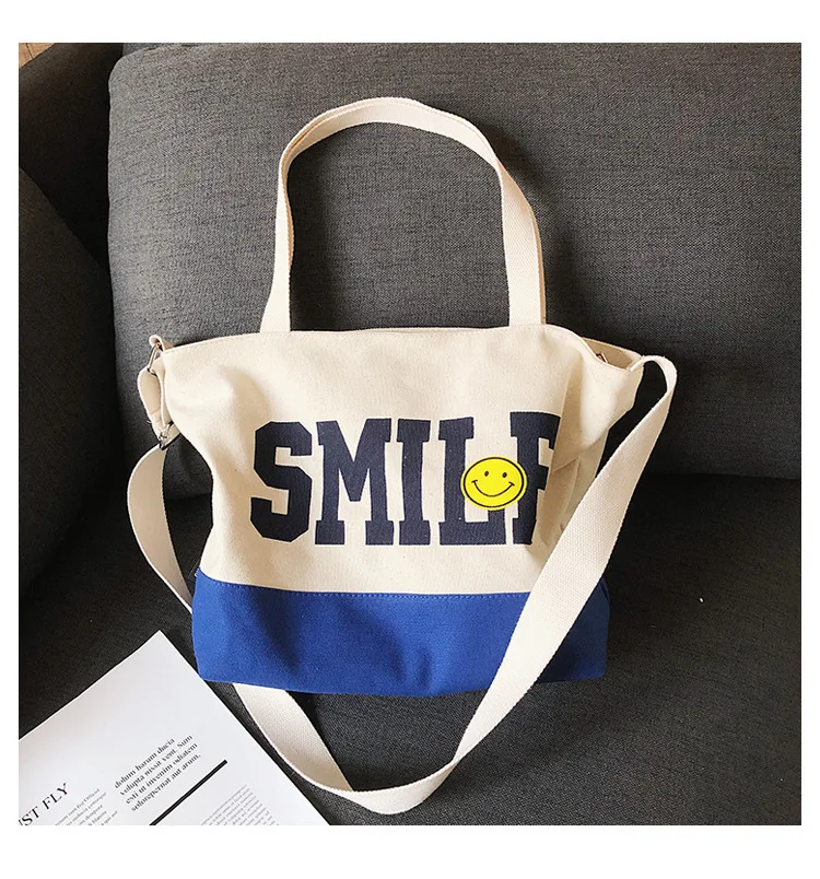 

English letter printing large capacity literary custom thick canvas single shoulder tote bag for woman wholesale, Customized