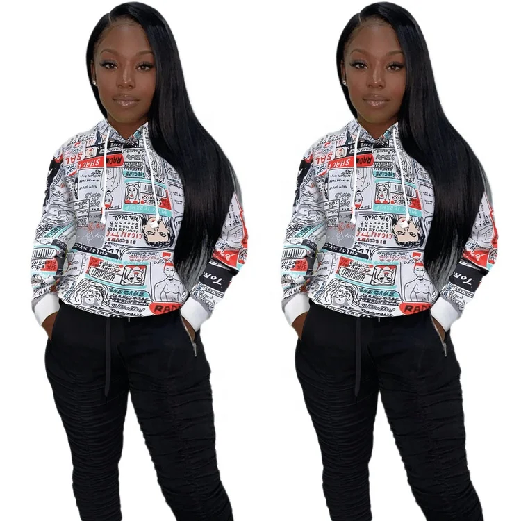 

2021 NEW Design Fashion Hip Hop Style Cartoon Floral Print Long Sleeve Loose Fleece Sweatshirt High Street Hoodie for Women