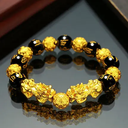 

12mm Buddha Power Bracelets with Double Color Changed Pi Xiu for Women Men Attract Weal Feng Shui Black Obsidian Wealth Bracelet, Gold, silver