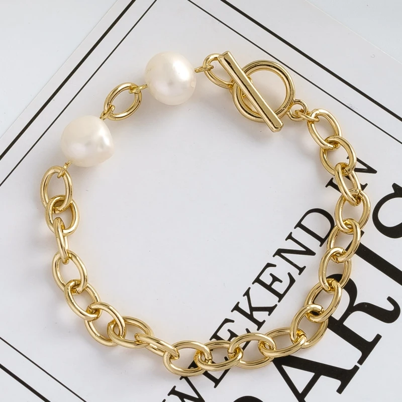 

O bar T bar gold plated simple Mother of Pearl Shell Pendant Bracelet brass copper link Chain Chunky Bracelet for women jewelry