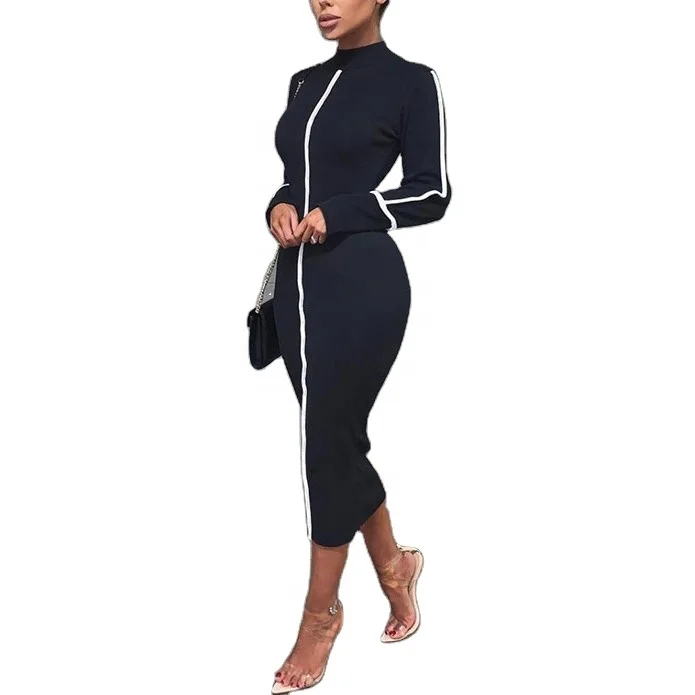 

Autumn Ebay Best Seller Ladies Turtleneck Neon Green Casual Long Bodycon Dress, Black/green