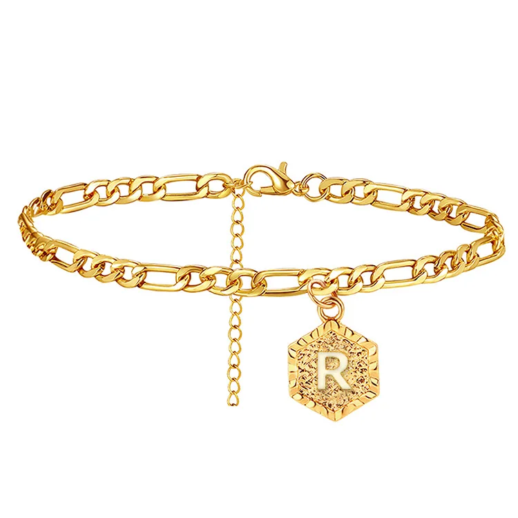 

Wholesale Gold Plated 26 Initial Ankle Bracelet Anklets A to Z Initial Cuban Link Stainless Steel Letter Anklet for Women