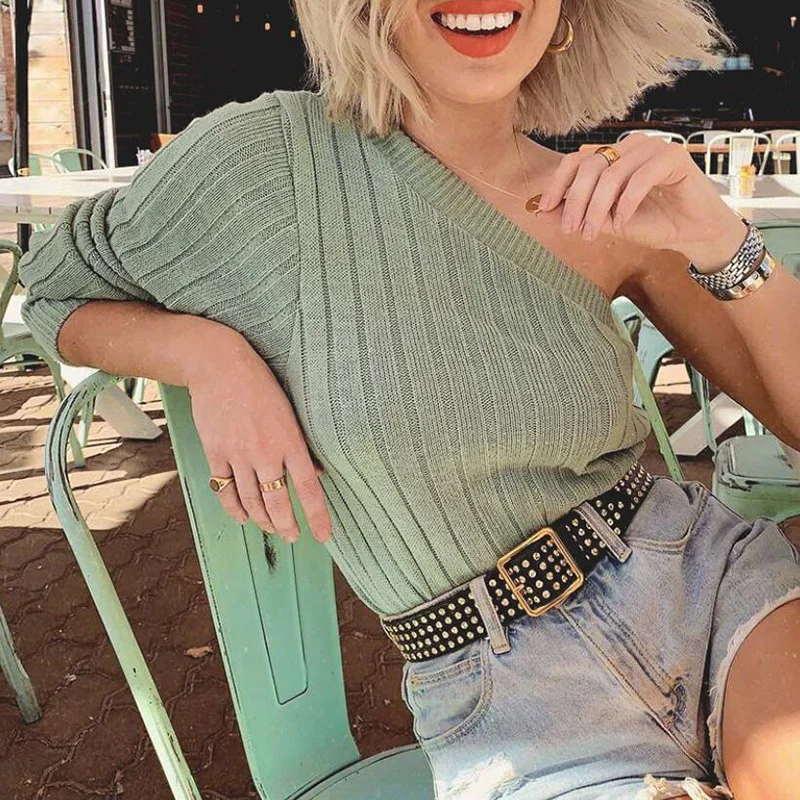 

Autumn Winter Mint Green Knitted Women One Shoulder Sweaters Sexy Chic Pullovers, As picture color