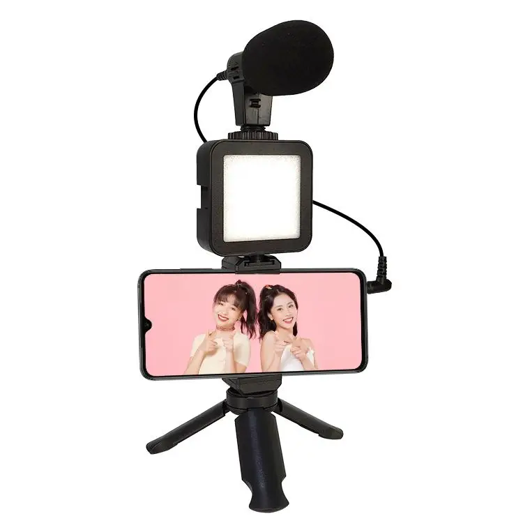 

Professional vlogging equipment video recording microphone led fill light tripod stand kit for smartphone, Black