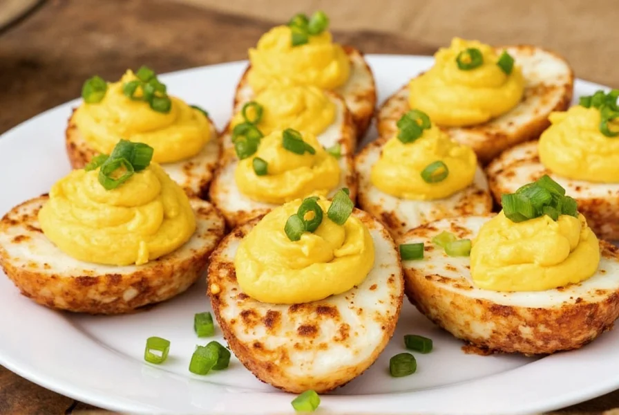 Chili crisp deviled eggs arranged on a serving platter with scallion garnish
