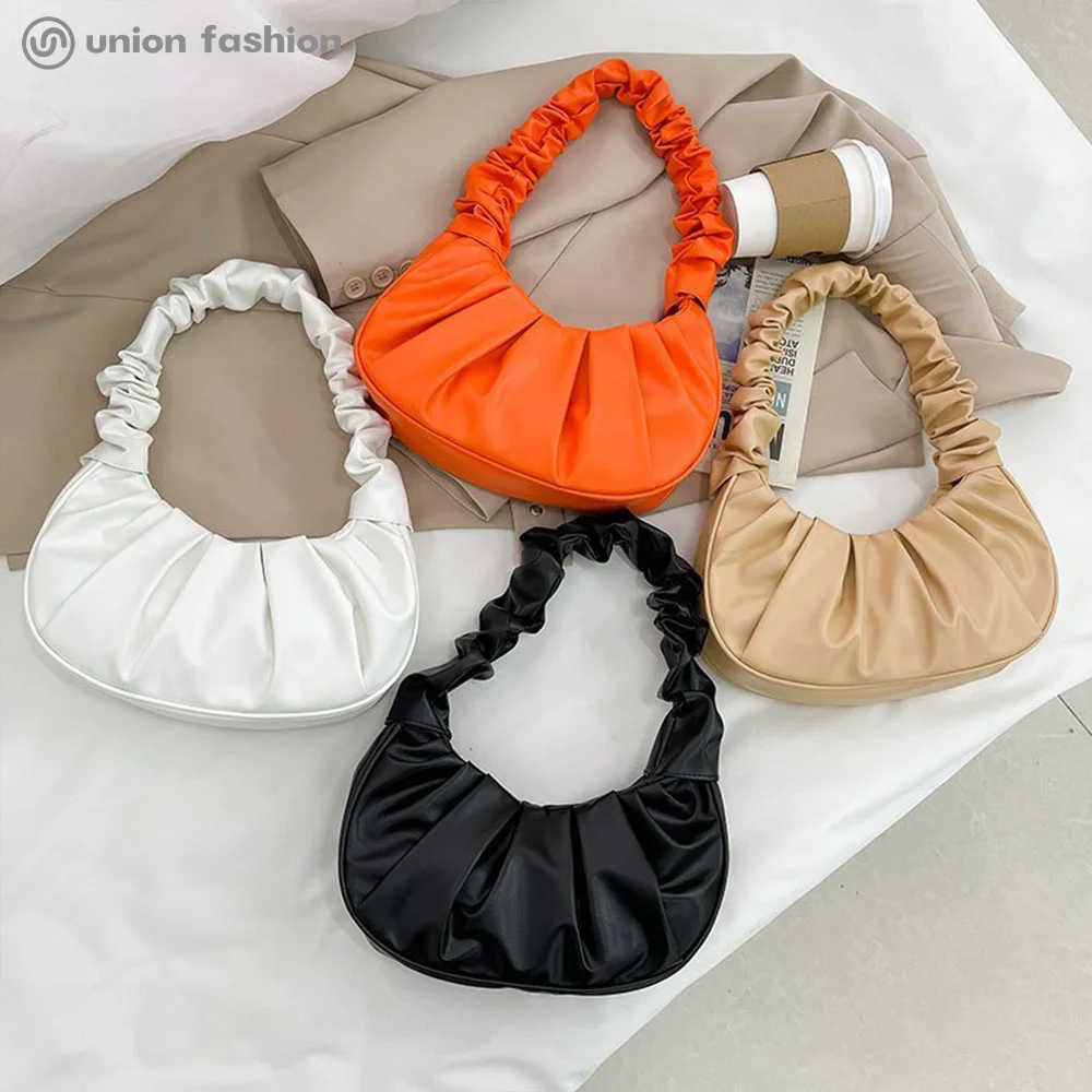

High Quality Unique Retro Design Women Pleated Cloud Handbag Purses Hobo Bag, Black/white/orange/camel