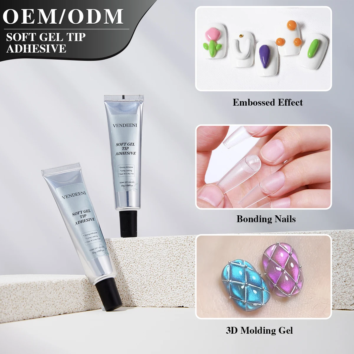 Vendeeni Solid Gel Nail Glue for Press on Nails 30g Soft Gel Nail Tips Strong Adhesive Patch Glue Gel OEM Custom Private Label