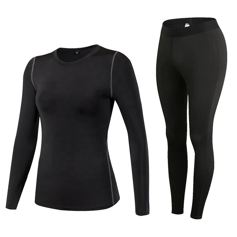

Custom high performance flatlock seam Quick Dry Women Ski underwear Set Ladies Compression Ski baselayer Workout Gym Set, Black