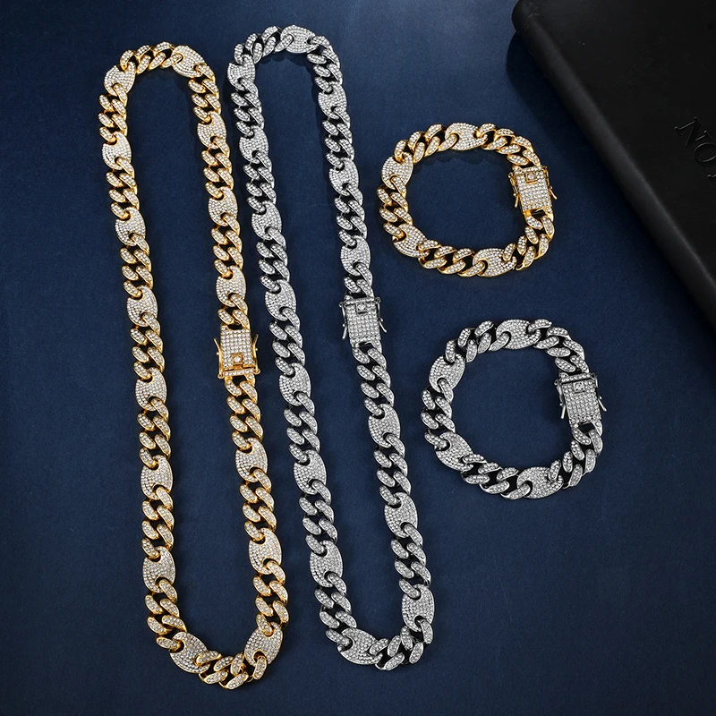 

Hip Hop Bling AAA+ Iced Out Alloy Rhinestones Coffee Bean Miami Cuban Link Chain Bracelet For Men Rapper Jewelry, Silver/gold