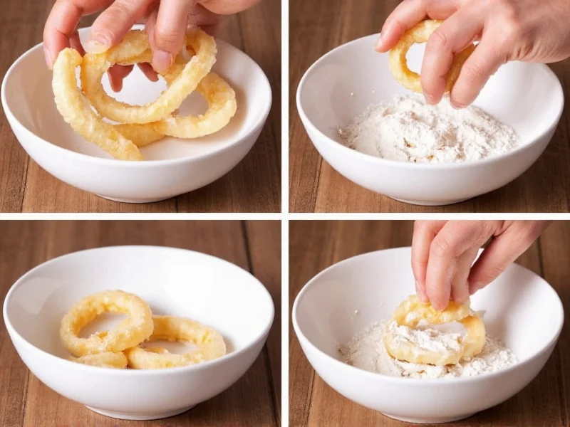 Hand dipping onion rings in flour mixture with step-by-step demonstration