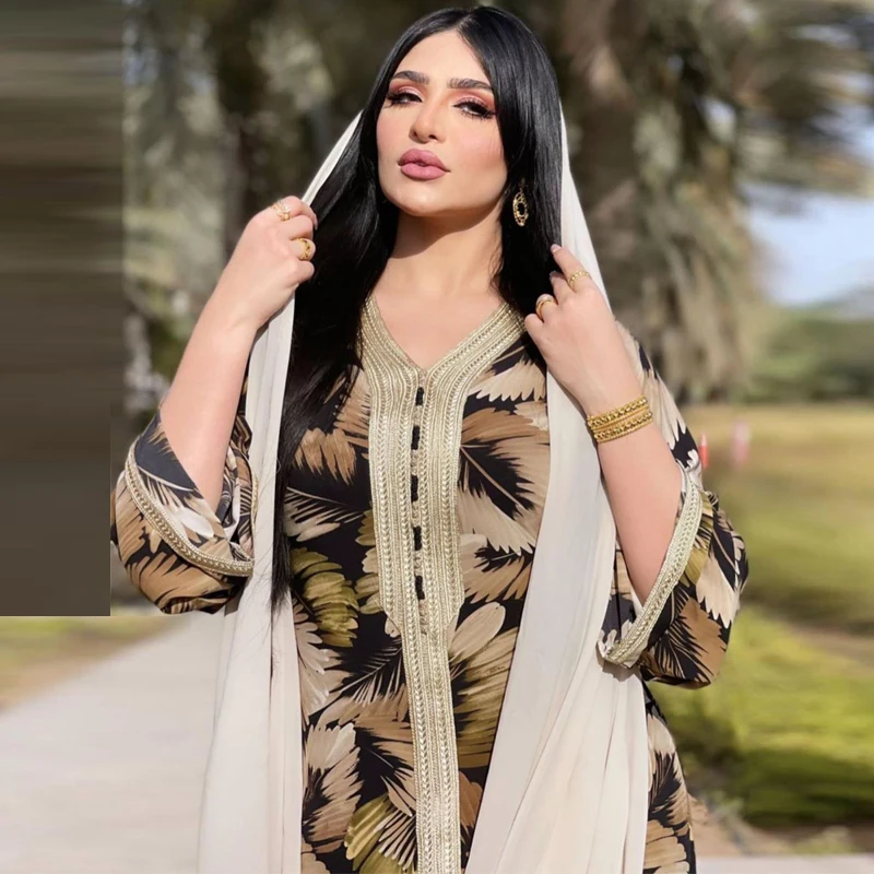 

2021 New Muslim Floral Jalabiya Loose Hijab Dress Ramadan Eid Dubai Abaya Moroccan Kaftan Turkish Islamic Women Clothing