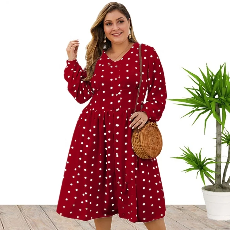 

2021 Plus Size Autumn Winter Clothes V Neck Long sleeve Polka Dot Maxi Dress for women