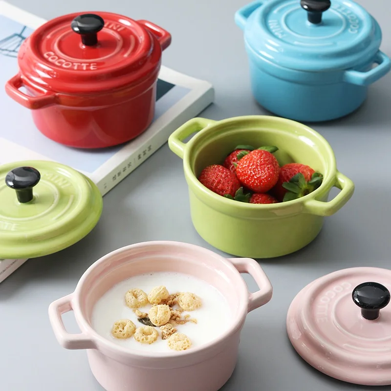

Matte dan-shaped stew bowl with lid double ear baking bowl high quality ceramic soup cup breakfast small soup bowl, Pink/white/green/grey/red
