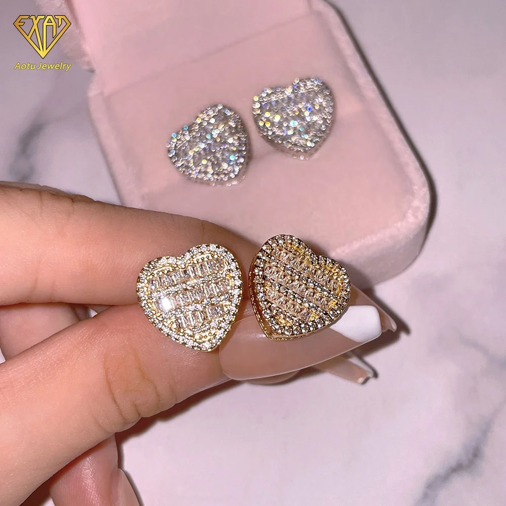 

women new design baguette zircon diamond heart stud earrings