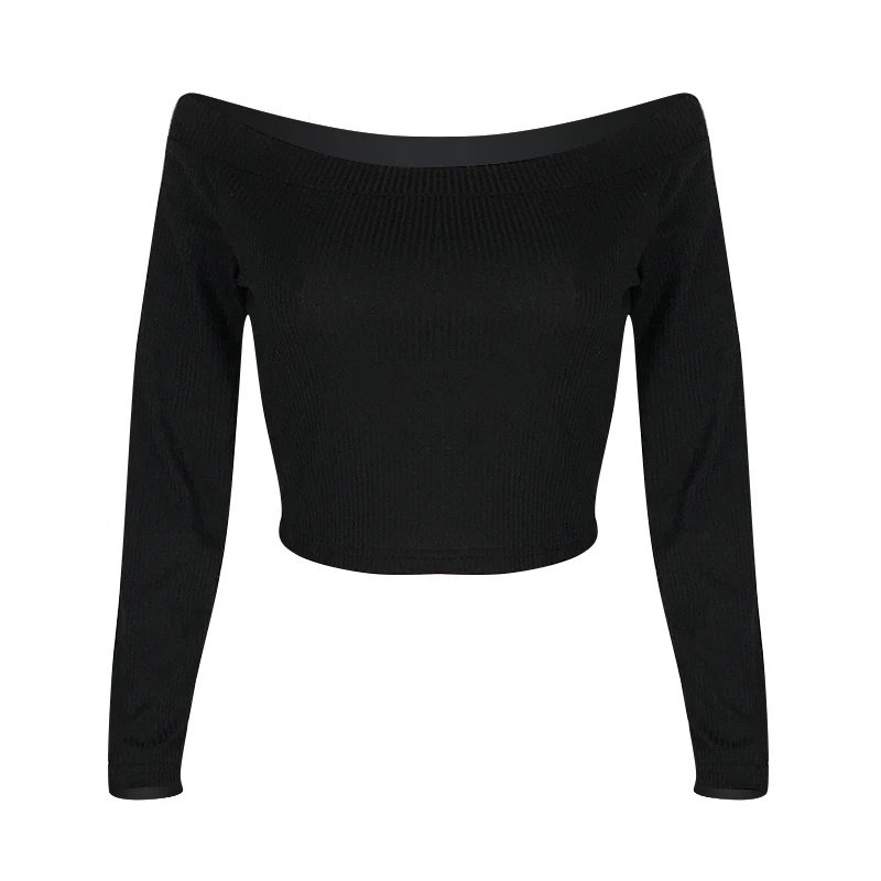

Simple Style One Shoulder Design Polyester Slim Fit Plain Black Long Sleeve Women T Shirt