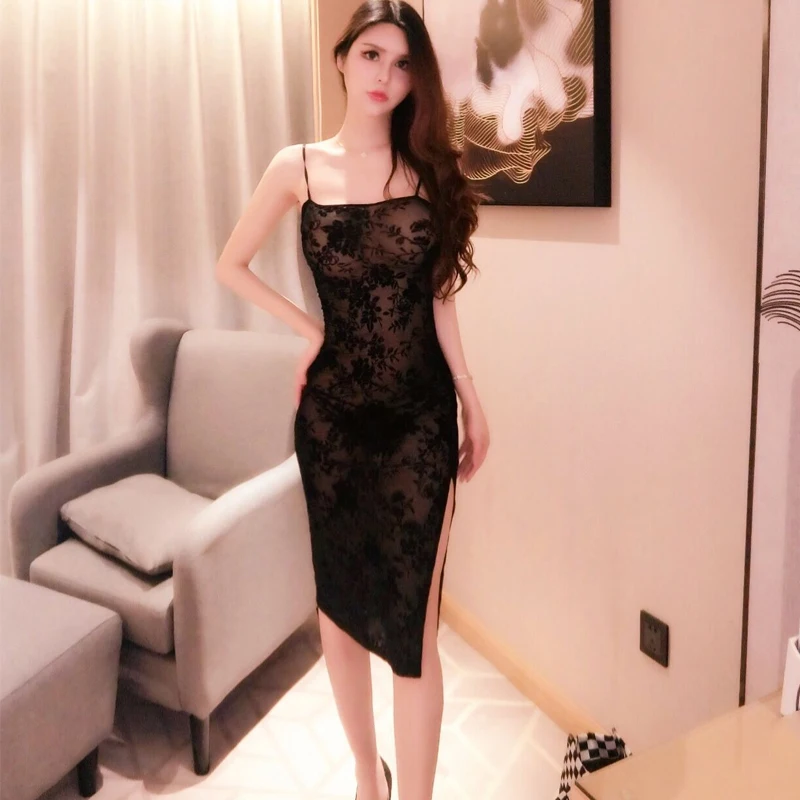 

Celebrity sexy hook flower flocking perspective mesh Dress Blouse long skirt low chest irregular slit suspender skirt