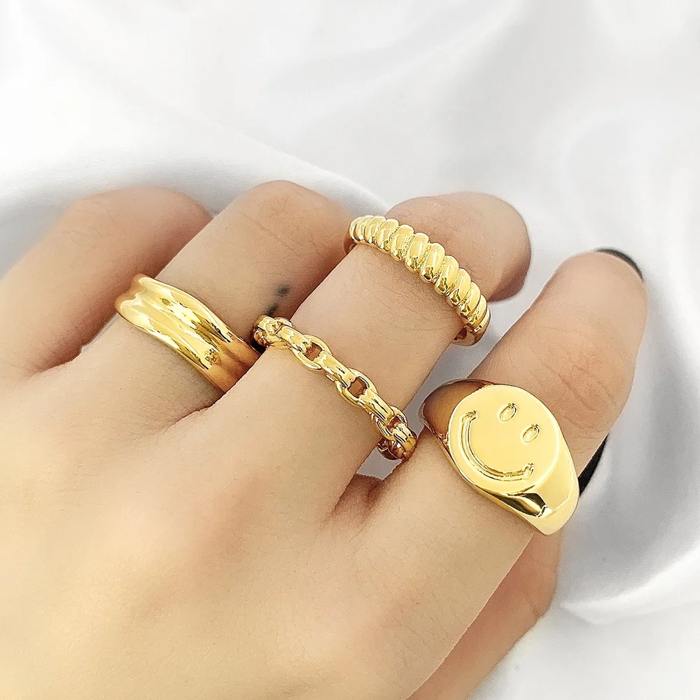 

New Happy Face 18K Gold Plated Signet Ring Jewelry for Women Smiley Rings