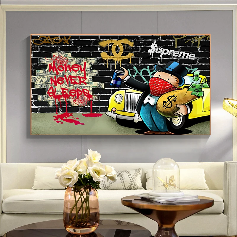 

Alec Monopoly MONEY NEVER SLEEP Canvas Painting Dollars Posters and Prints Wall Art Pictures for Office Home Decoration