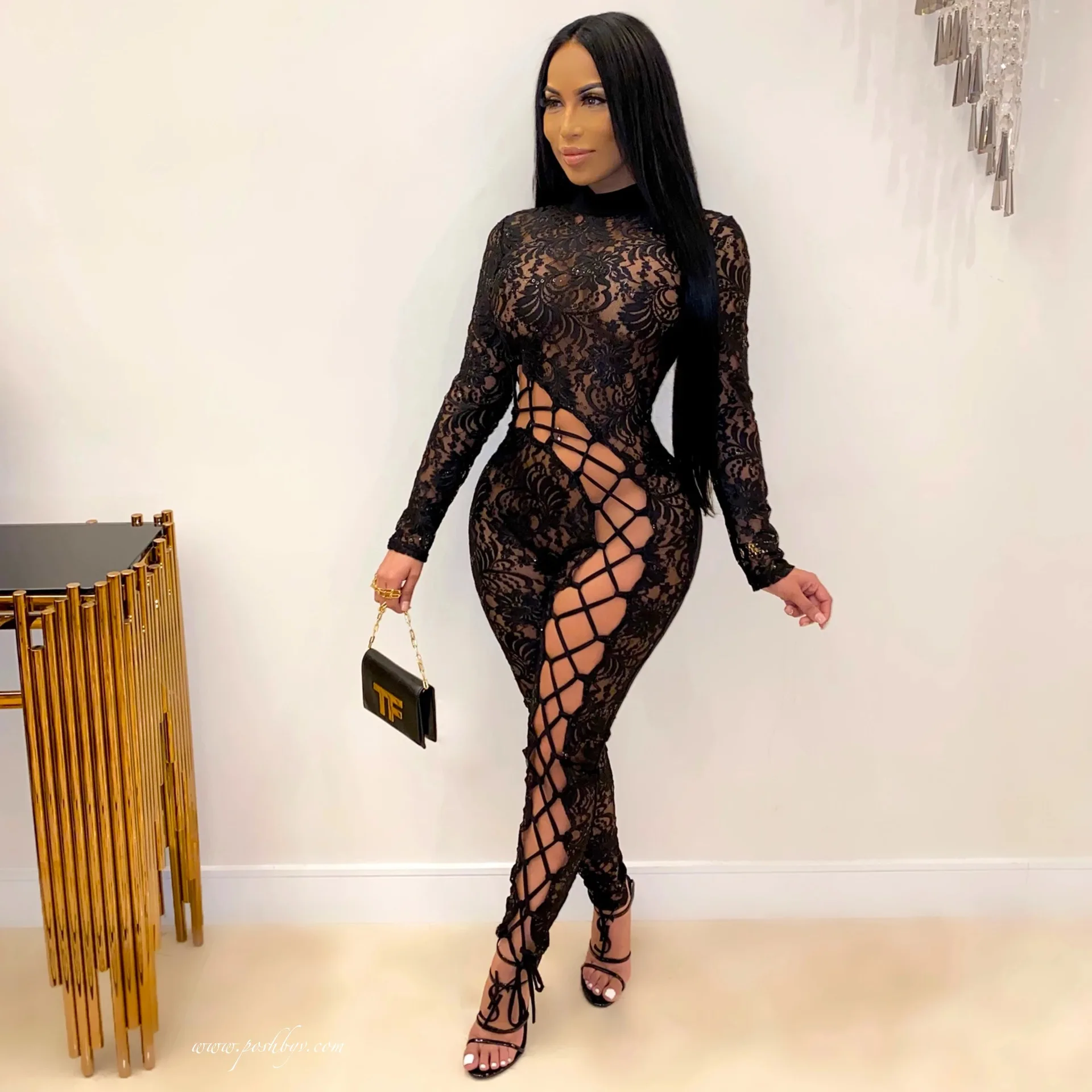 

Women's One-piece Pants skinny lace stitching sexy mesh black long sleeve one piece jumpsuit