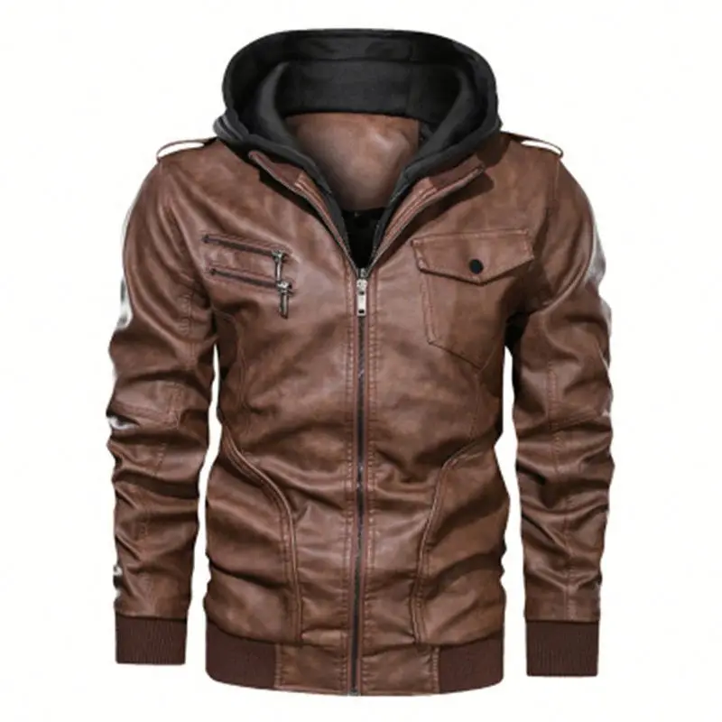 

Men Winter Detachable Hooded Pu Leather Jacket Plus Size Casual Motorcycle Leather Coat